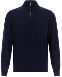 Brunello Cucinelli - Truien & Vesten ,Blauw ,Nylon Cashmere Trui Met Halve Rits - Lyst