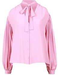 MSGM - Overhemden ,Roze ,V-Hals Blouse Met Knoopsluiting En Strik - Lyst