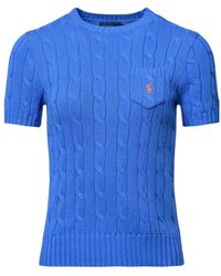 Polo Ralph Lauren - Truien & Vesten ,Blauw ,Katoen Kabel Gebreide Katoenen Trui Met Korte Mouwen En Ronde Hals - Lyst