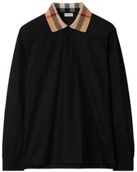 Burberry - Tops ,Zwart ,Katoen Polo Shirt Met Lange Mouwen En Geruite Kraag Van Katoen - Lyst