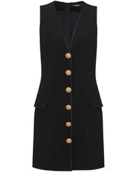 Balmain - V-Neck Buttoned Crepe Mini Dress - Lyst