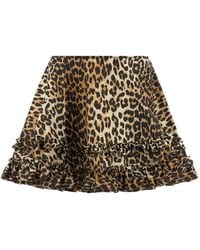 Ganni - Leopard Duchesse Nylon Mini Frill Rok - Lyst