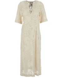 Semicouture - Weißes Langes Kleid Mit Tiefem V-Ausschnitt Und Spitzen-Details - Lyst