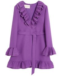 Valentino - Kleedjes ,Paars ,Wol Paarse Wol-Zijde Mix Jurk Met Ruches - Lyst