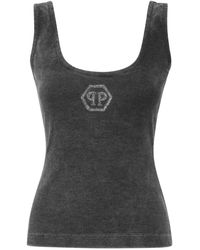 Philipp Plein - Tops ,Grijs ,Katoen Rib Tank Top Stones Wash Hexagon - Lyst