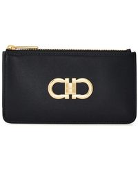 Ferragamo - Accessoires ,Zwart ,Leer Zwarte Leren Portemonnee Met Gancini-Plaat - Lyst