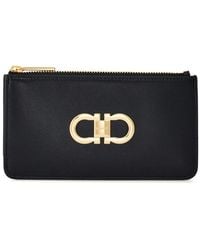 Ferragamo - Accessoires ,Zwart ,Leer Zwarte Leren Portemonnee Met Gancini-Plaat - Lyst