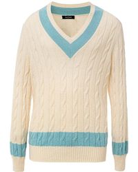 Gran Sasso - Weiß/Blau V-Ausschnitt Pullover Mit Zopfmuster - Lyst