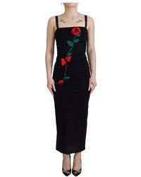 Dolce & Gabbana - Abito sheath in lana nera con ricamo di rose rosse - Lyst