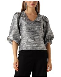 Minus - Overhemden ,Grijs ,Grijze V-Hals Blouse, Veelzijdig En Elegant - Lyst
