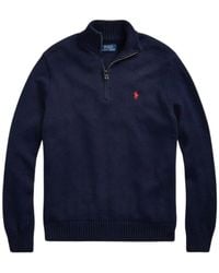 Ralph Lauren - Truien & Vesten ,Blauw ,Katoen Halfzip Gebreide Trui - Lyst