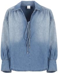 Pinko - Overhemden ,Blauw ,Katoen Blauwe V-Hals Blouse Met Verlaagde Schouders - Lyst