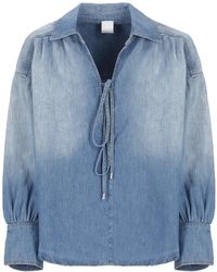 Pinko - Overhemden ,Blauw ,Katoen Blauwe V-Hals Blouse Met Verlaagde Schouders - Lyst
