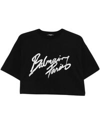 Balmain - Tops ,Zwart ,Katoen Logo Crop Katoenen T-Shirt - Lyst
