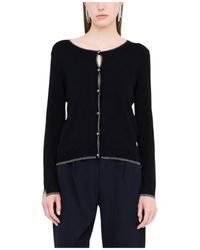 Liu Jo - Truien & Vesten ,Zwart ,Wol Zwarte Button-Up Gebreide Trui Met Ronde Hals - Lyst