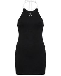 Marine Serre - Kleedjes ,Zwart ,Katoen Moon Logo Ribgebreide Jersey Halter Jurkje - Lyst
