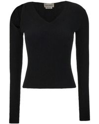 McQueen - Cut-Out Ribgebreide Sweater Met V-Hals - Lyst