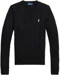 Ralph Lauren - Truien & Vesten ,Zwart ,Katoen Plaited Cotton V-Neck Sweater - Lyst