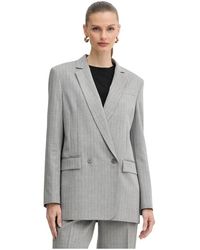 Twinset - Jassen ,Grijs ,Wol Gestreepte Double-Breasted Blazer - Lyst