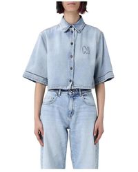 MSGM - Bestickte Logo Cropped Denim Hemd - Lyst