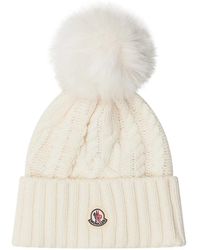 Moncler - Accessoires ,Wit ,Wol Witte Wollen Muts Met Grote Bont Pom-Pom - Lyst
