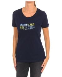 North Sails - Tops ,Blauw ,Katoen T-Shirt Met Korte Mouwen En Geribbelde Halslijn - Lyst