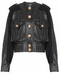 Balmain - Jassen ,Zwart ,Tweed Tweed En Leren Bomberjack - Lyst
