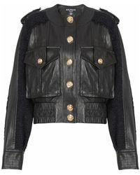 Balmain - Jassen ,Zwart ,Tweed Tweed En Leren Bomberjack - Lyst
