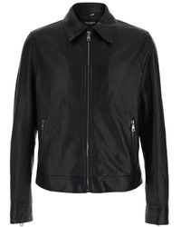 Dolce & Gabbana - Jassen ,Zwart ,Leer Klassiek Kraag Leren Jas - Lyst