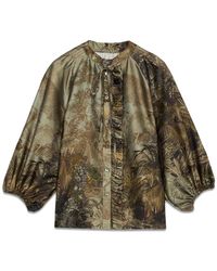 Oltre - Fantasie satinbluse mit rüschen - Lyst