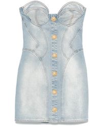 Balmain - Kleedjes ,Blauw ,Denim Heldere Blauwe Denim Sweetheart Jurk - Lyst