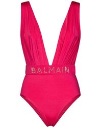 Balmain - Fuchsia kleidung mit tiefem v-ausschnitt und hoher taille,drapierter badeanzug - Lyst