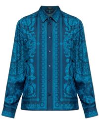Versace - Overhemden ,Blauw ,Gedrukte Slimfit Overhemd Van Zijde Twill - Lyst
