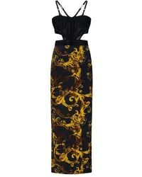 Versace - Schwarzes midi-kleid mit cut-outs und barockdruck - Lyst