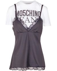 Moschino - T-shirt mit kontrastierendem logo und spitzen-detail - Lyst