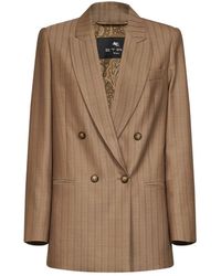 Etro - Jassen ,Bruin ,Wol Gestreepte Wol Jacquard Double-Breasted Blazer - Lyst