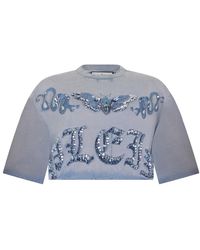 Philipp Plein - Tops ,Blauw ,Katoen Cropped T-Shirt Butterfly Tattoo - Lyst