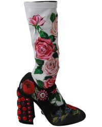 Dolce & Gabbana - Stivali in jersey nero con fiori e cristalli - Lyst