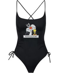 Iceberg - Badmode ,Zwart ,Zwarte Jumpsuit Met Looney Tunes-Print Op De Borst - Lyst
