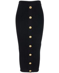 Balmain - Rokken ,Zwart ,Polyester Zwarte Geribbelde Midi Rok Met Knopen - Lyst