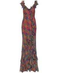 Etro - Kleedjes ,Veelkleurig ,Polyester Zijde Lange Jurk Met Ruches En Geometrisch Paisley Motief - Lyst