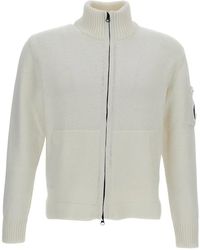 C.P. Company - Truien & Vesten ,Wit ,Katoen Geribbelde Zip Cardigan Met Hoge Kraag - Lyst