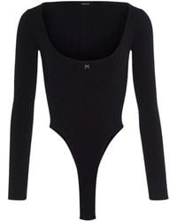 Mugler - Tops ,Zwart ,Katoen Zwarte Gebreide Bodysuit Met Diepe Halslijn - Lyst