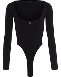 Mugler - Tops ,Zwart ,Katoen Zwarte Gebreide Bodysuit Met Diepe Halslijn - Lyst