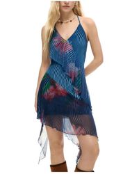 Desigual - Kleedjes ,Veelkleurig ,V-Neck Jurk Met Spaghettibandjes En Cascaderuffles - Lyst