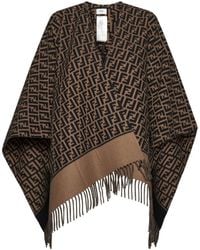 Fendi - Jassen ,Bruin ,Wol Jacquard Wol Kasjmier Poncho Franjes - Lyst