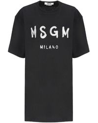 MSGM - Schwarzes Baumwoll Langes Kleid Mit Glitzerlogo - Lyst