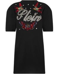 Philipp Plein - Kleedjes ,Zwart ,Katoen Open Back T-Shirt Dress Tattoo Strass - Lyst
