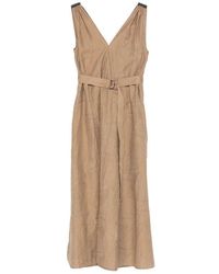 Brunello Cucinelli - Kleedjes ,Bruin ,Katoen Waist Belted Midi Dress - Lyst