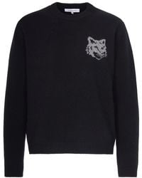 Maison Kitsuné - Truien & Vesten ,Zwart ,Wol Maglia Girocollo Con Ricamo Fox Grande - Lyst